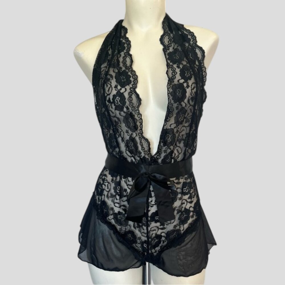 Avid Love Elegant Black Lace Halter Teddy